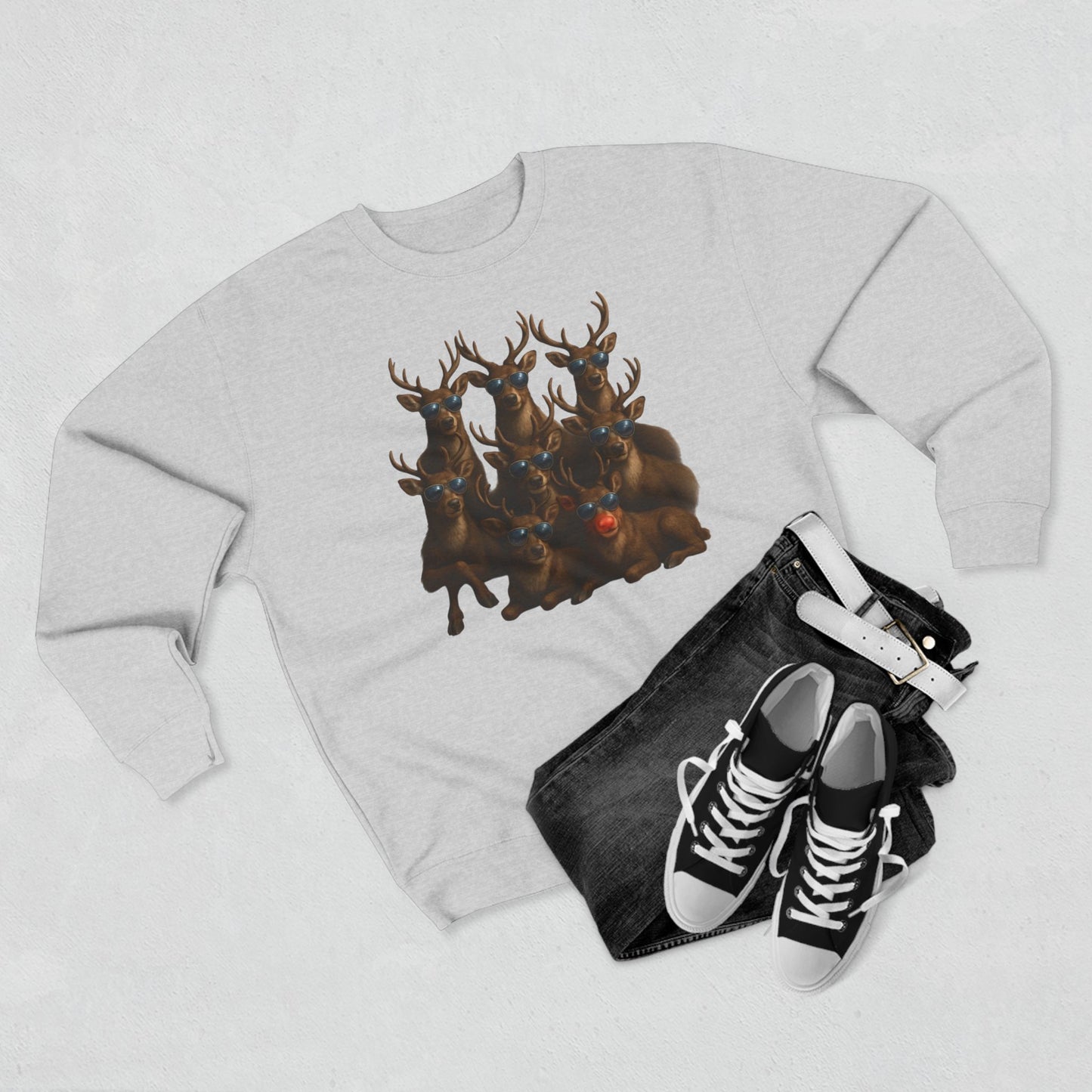 Cozy Reindeer Family Photo, Crewneck Sweatshirt — Rustic Holiday Wildlife Design