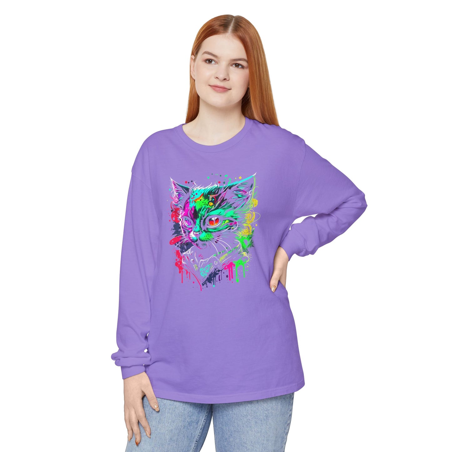 Psychedelic Cat, Unisex Garment-dyed Long Sleeve T-Shirt