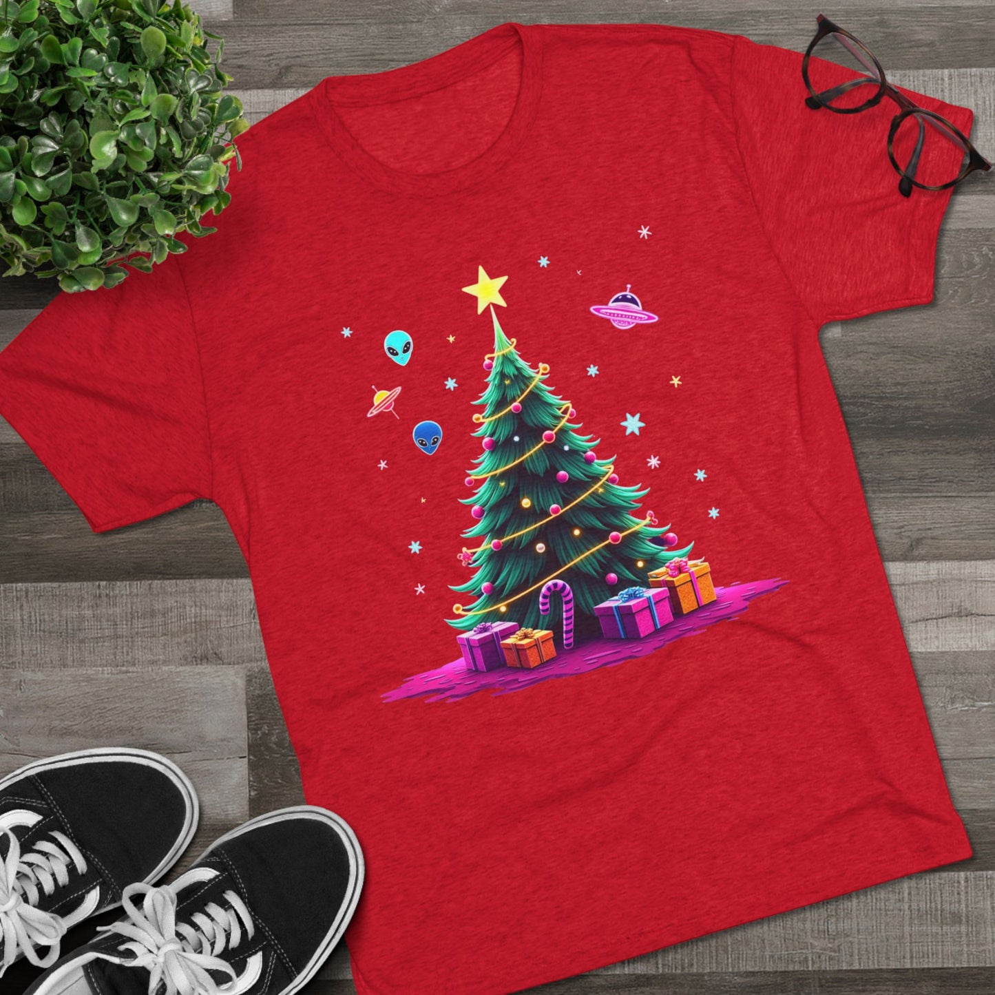 Alien visitors Christmas tree, Unisex Tri-Blend Crew Tee