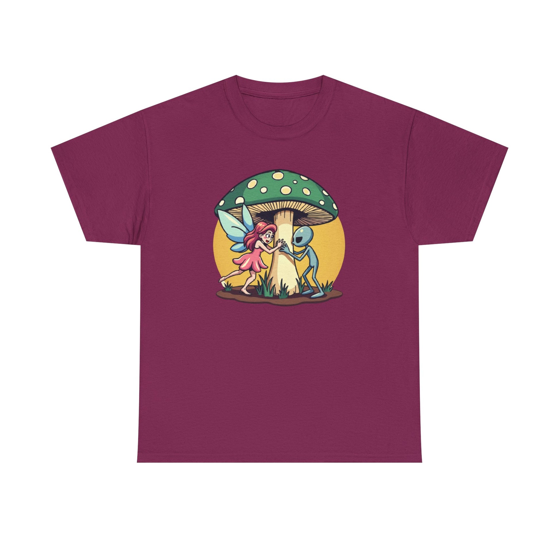 Alien chased by Fairy, Mushroom Unisex Heavy Cotton Tee - Psychonaut Swag