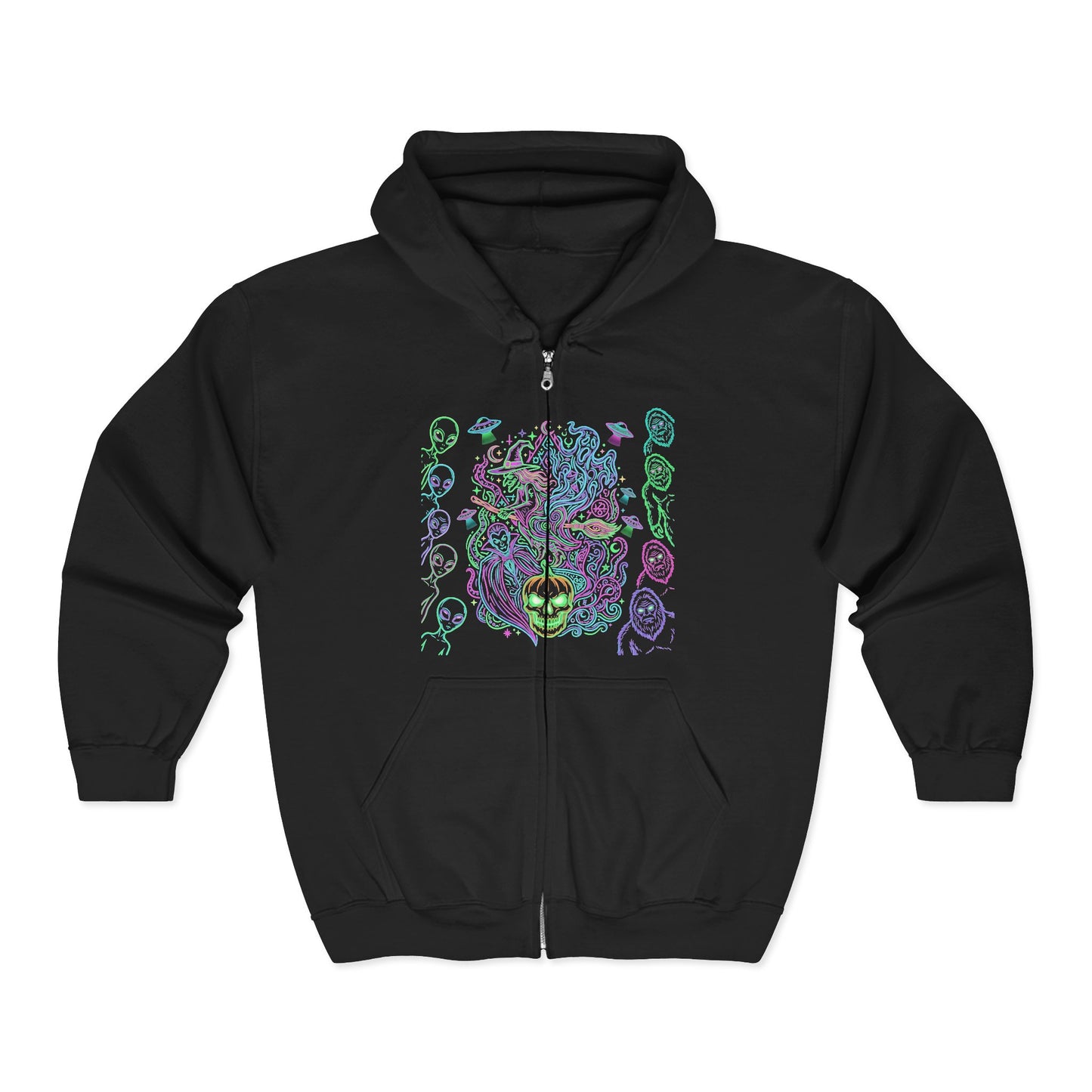 Psychedelic Watchers and Monsters,  Halloween Zip Hoodie — Neon Trippy Alien Art Full‑Zip Sweatshirt