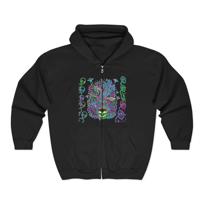 Psychedelic Watchers and Monsters,  Halloween Zip Hoodie — Neon Trippy Alien Art Full‑Zip Sweatshirt