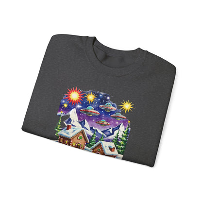 Crewneck Sweatshirt — Cozy Winter Cabin with UFO Nightscape