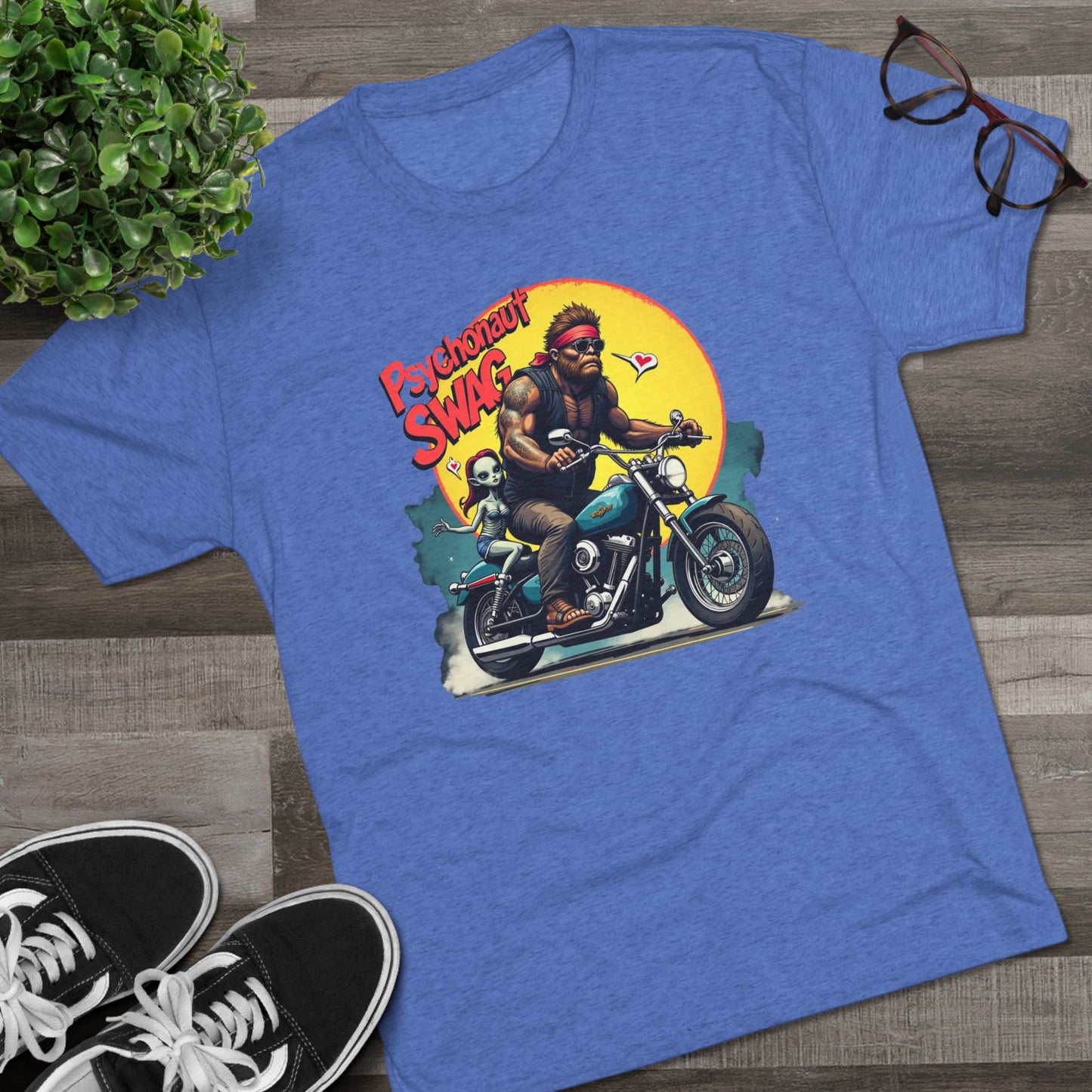 Psychonaut Swag Bigfoot on Motorcycle T-Shirt — Retro Biker Graphic Tee