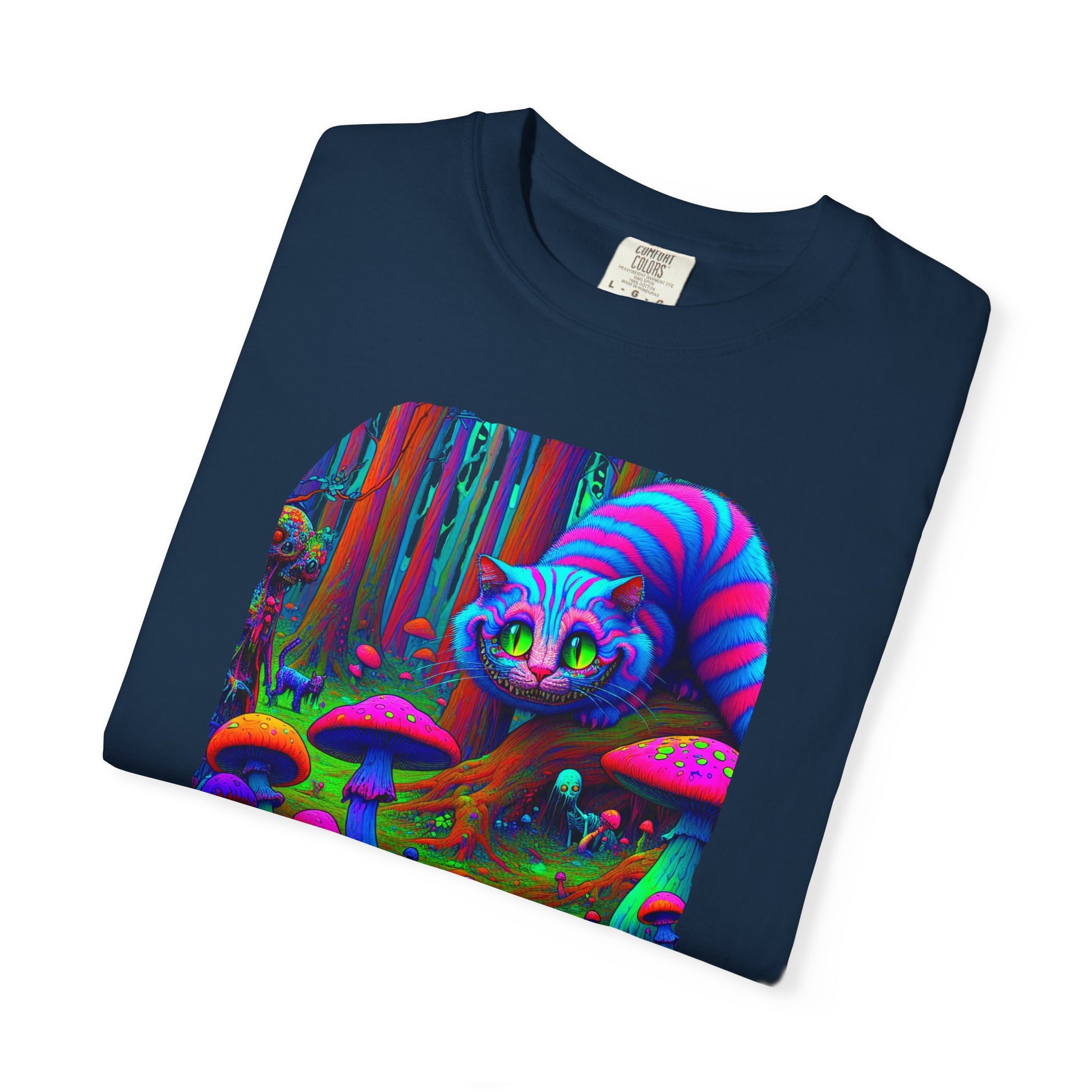 Curious Cat with mushrooms, Unisex Garment-Dyed T-shirt - Psychonaut Swag