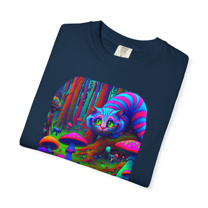 Curious Cat with mushrooms, Unisex Garment-Dyed T-shirt - Psychonaut Swag