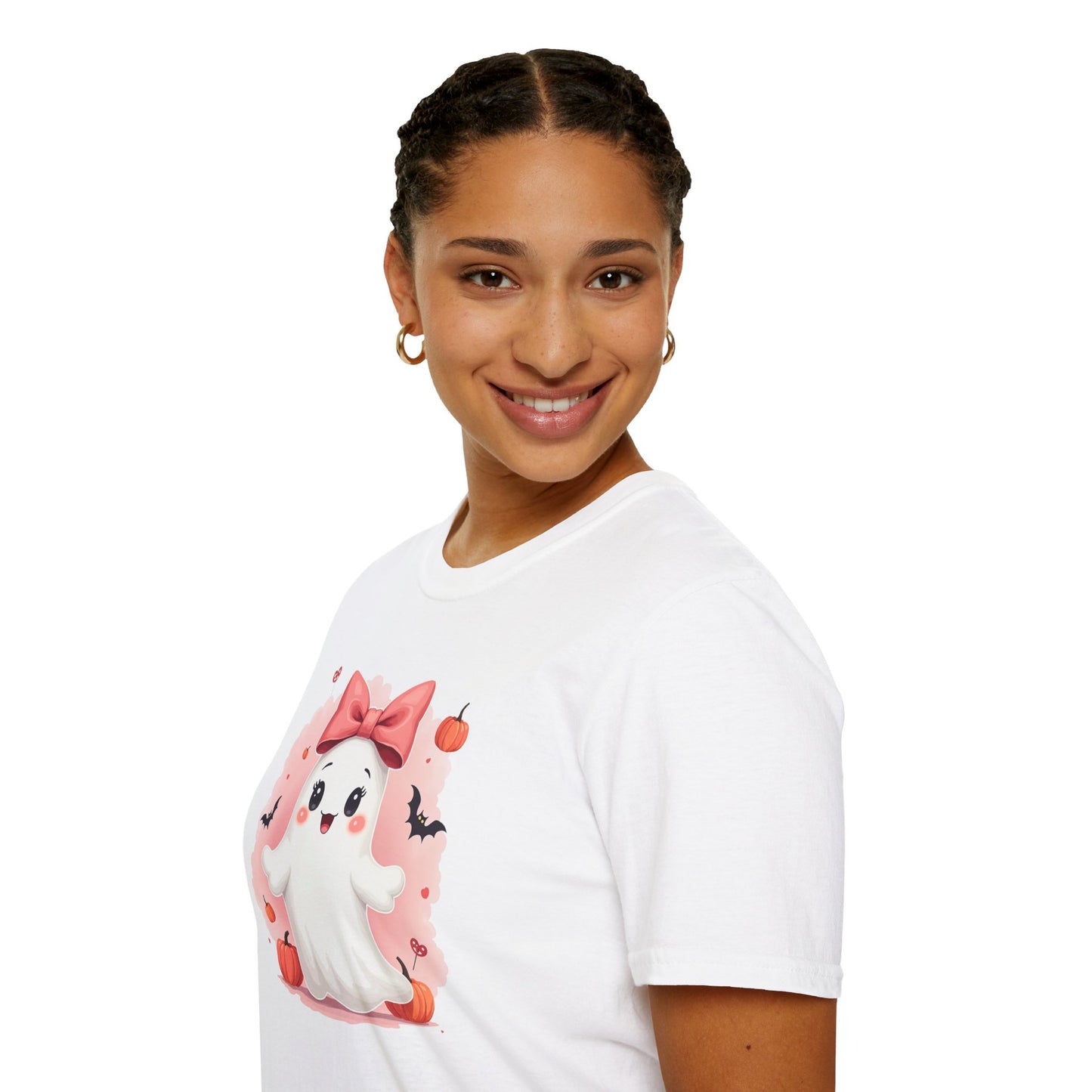 Cute Halloween Ghost T-Shirt — Pink Bow Ghost with Pumpkins & Bats