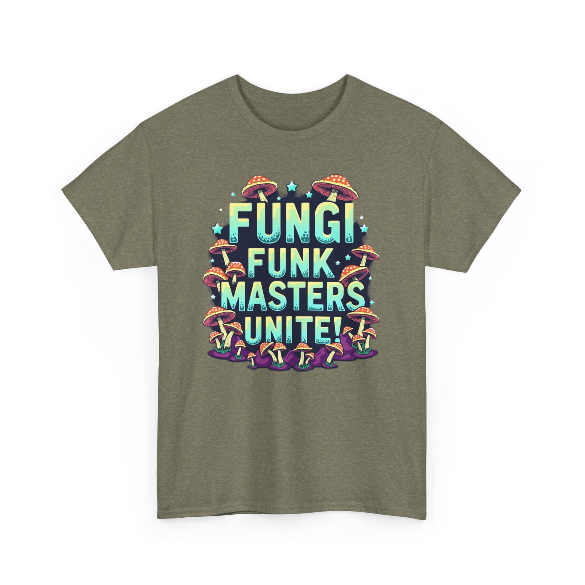 Fungi Funk Masters Unite Unisex Heavy Cotton Tee - Playful Mushroom Graphic T-Shirt - Psychonaut Swag