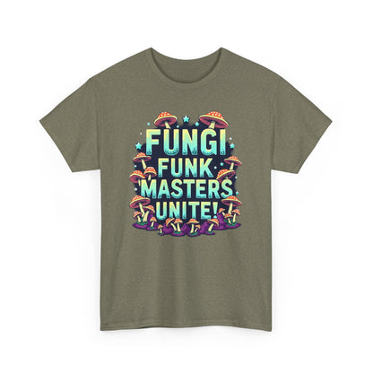 Fungi Funk Masters Unite Unisex Heavy Cotton Tee - Playful Mushroom Graphic T-Shirt - Psychonaut Swag