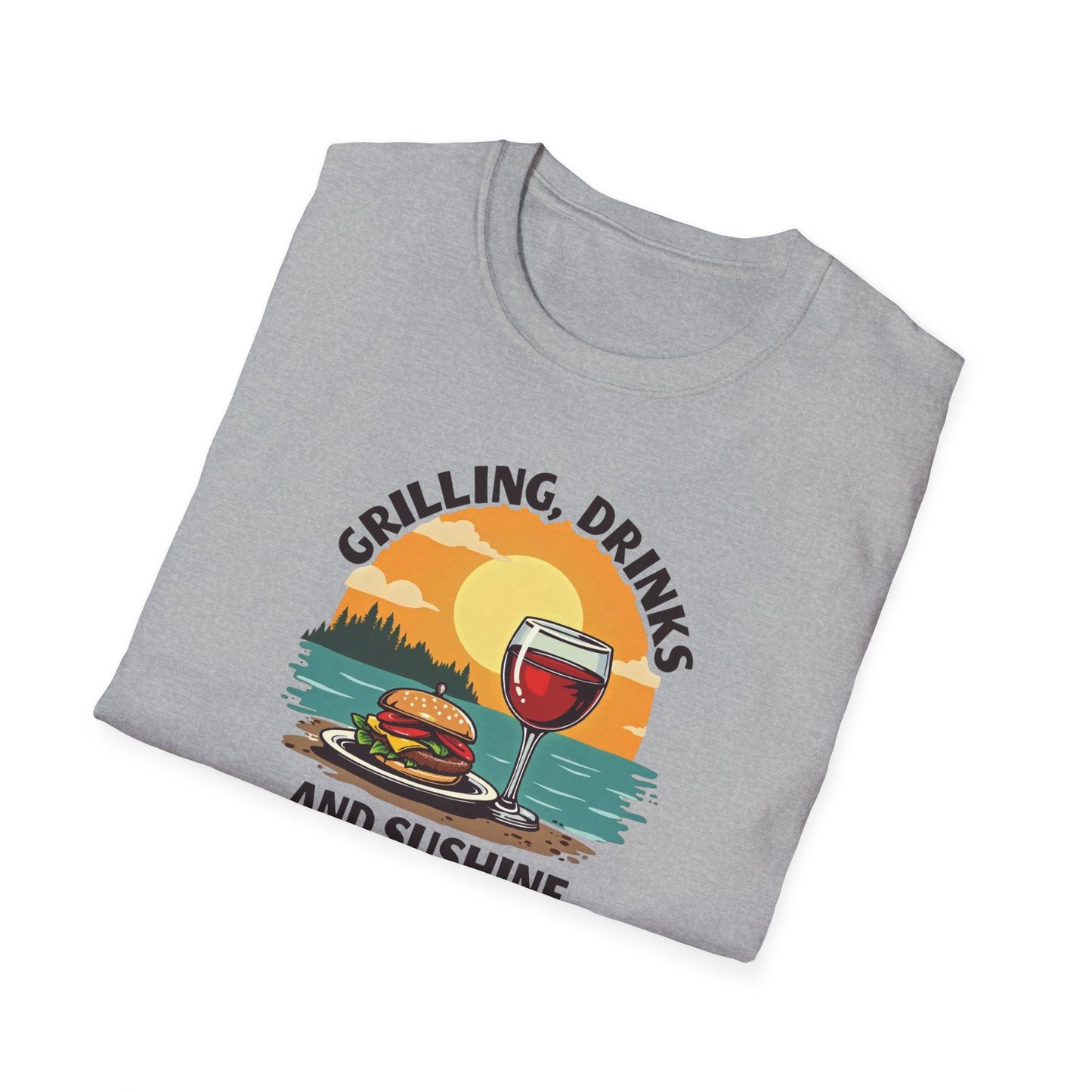 T-Shirt — Grilling, Drinks and Sunshine Retro Sunset BBQ Wine Tee