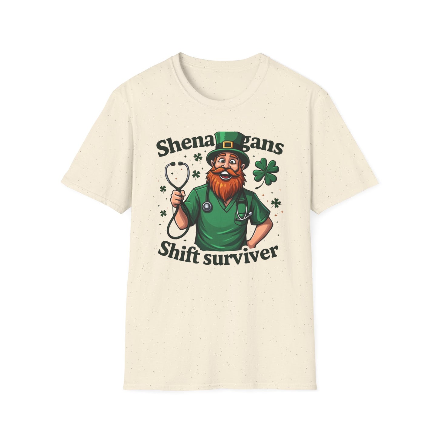 St. Patrick's Day T-Shirt — "Shenanigans Shift Survivor" Leprechaun Work Tee