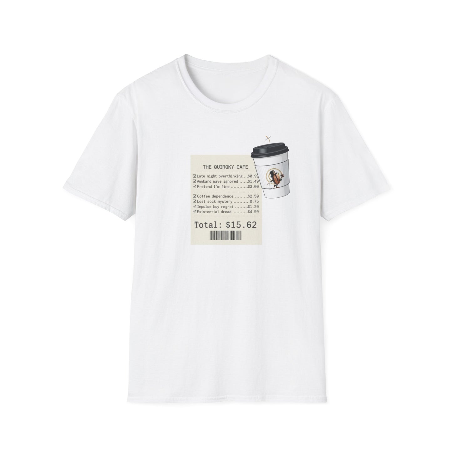 Coffee Receipt T-Shirt — 'The Quirky Cafe' Funny Coffee Order Receipt Tee