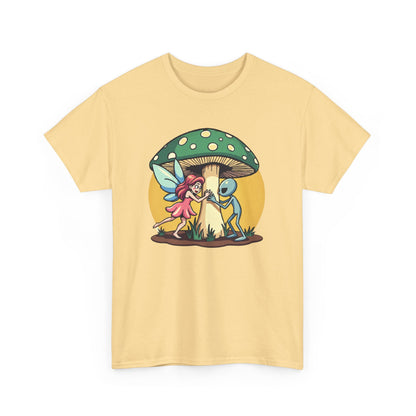 Alien chased by Fairy, Mushroom Unisex Heavy Cotton Tee - Psychonaut Swag
