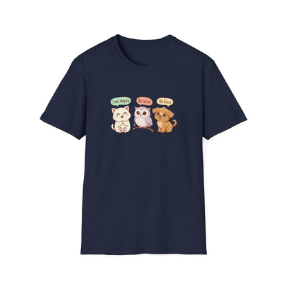 Cute Kawaii Pets T-Shirt — 'Feel Happy, Be Wise, Be Kind' Cartoon Cat Owl Dog Tee