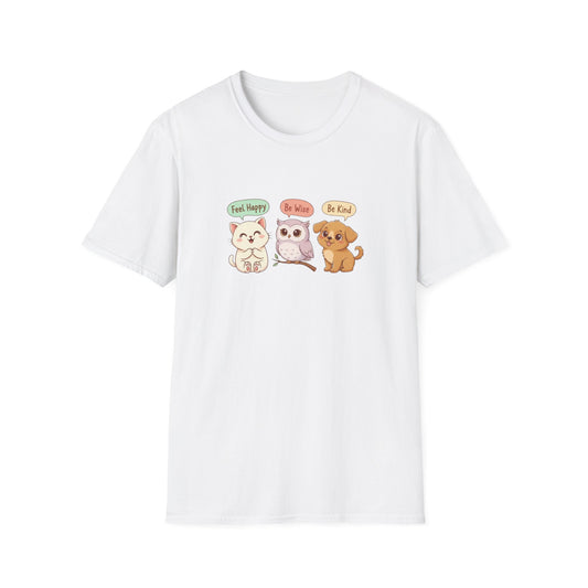 Cute Kawaii Pets T-Shirt — 'Feel Happy, Be Wise, Be Kind' Cartoon Cat Owl Dog Tee