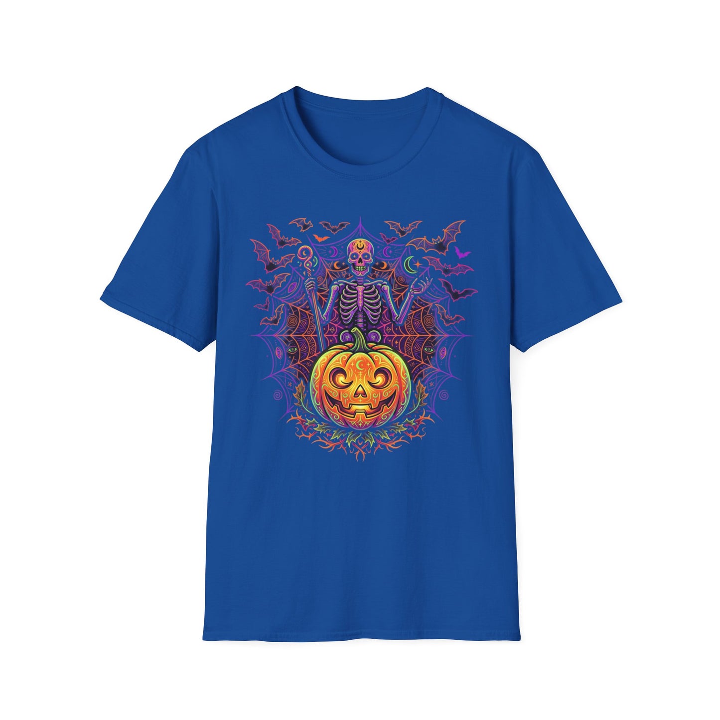 Skeleton Sorcerer Halloween T-Shirt — Jack-O'-Lantern & Bats Spooky Tee