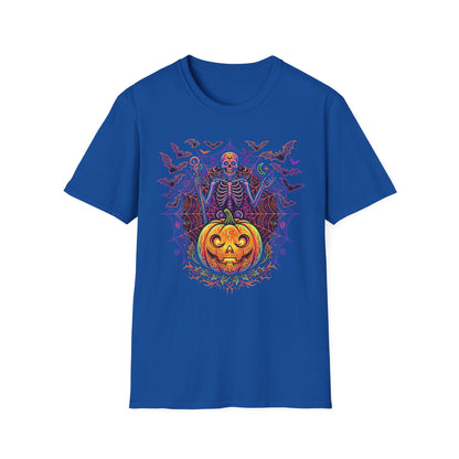 Skeleton Sorcerer Halloween T-Shirt — Jack-O'-Lantern & Bats Spooky Tee