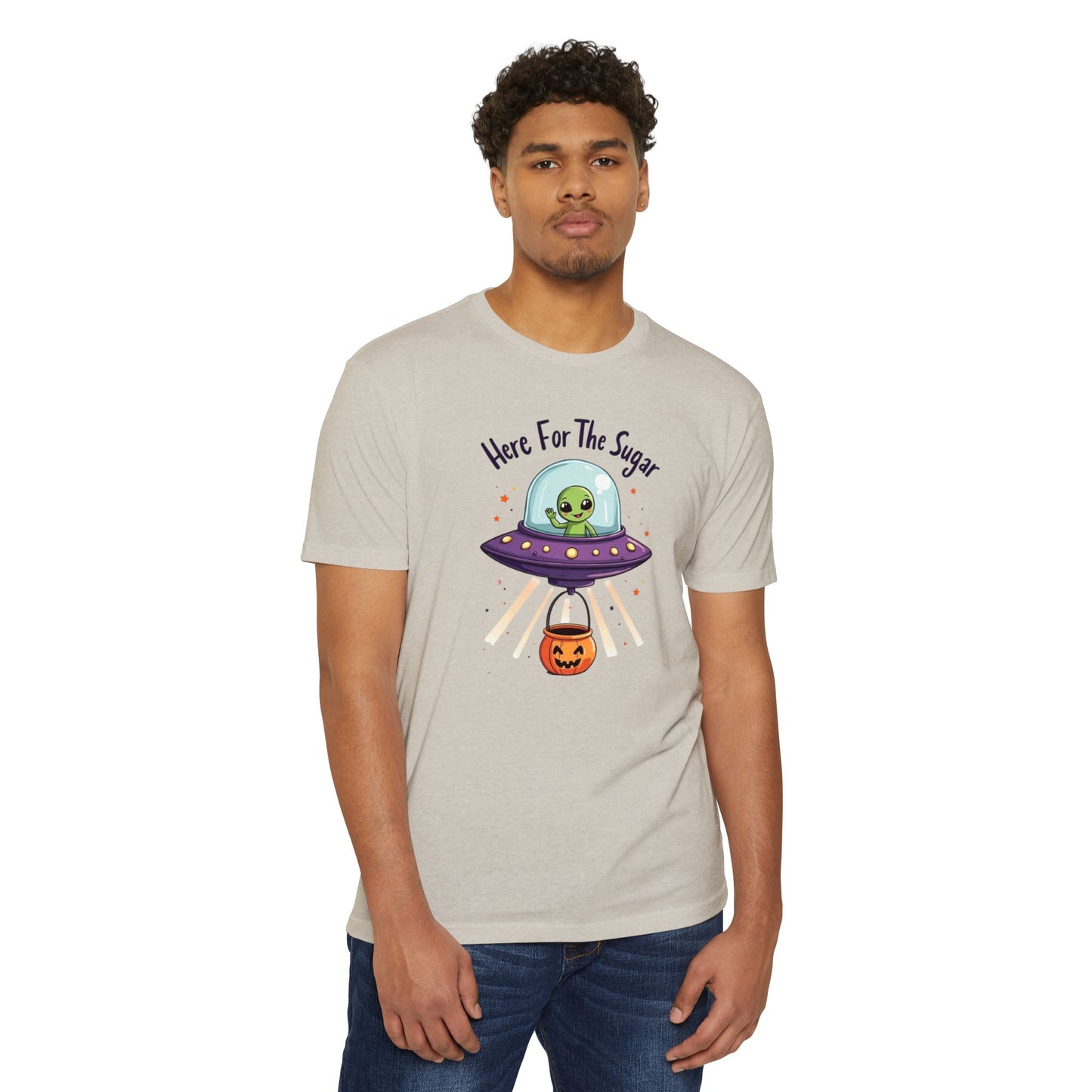 Halloween Alien T-Shirt — "Here For The Sugar" Cute UFO Trick-or-Treat Tee