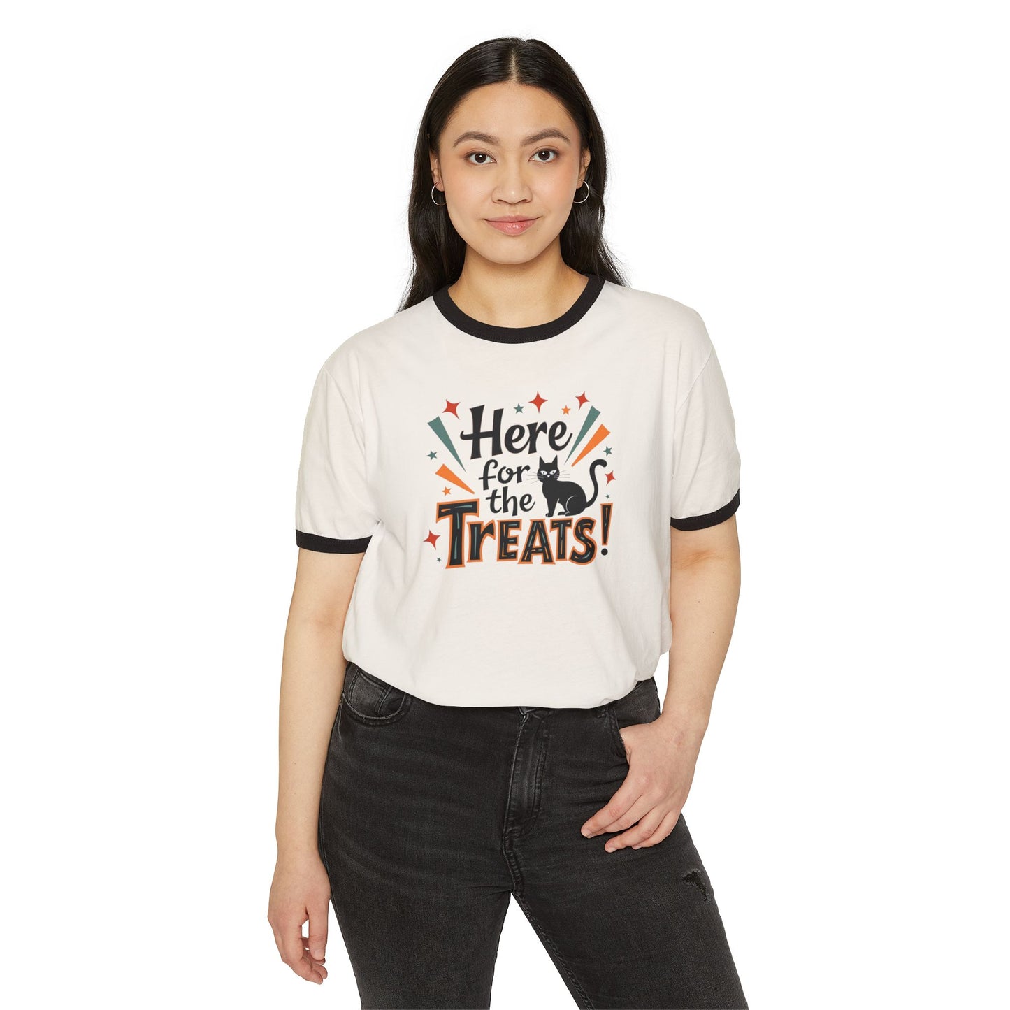 Here for the Treats! Halloween Cat Ringer T-Shirt