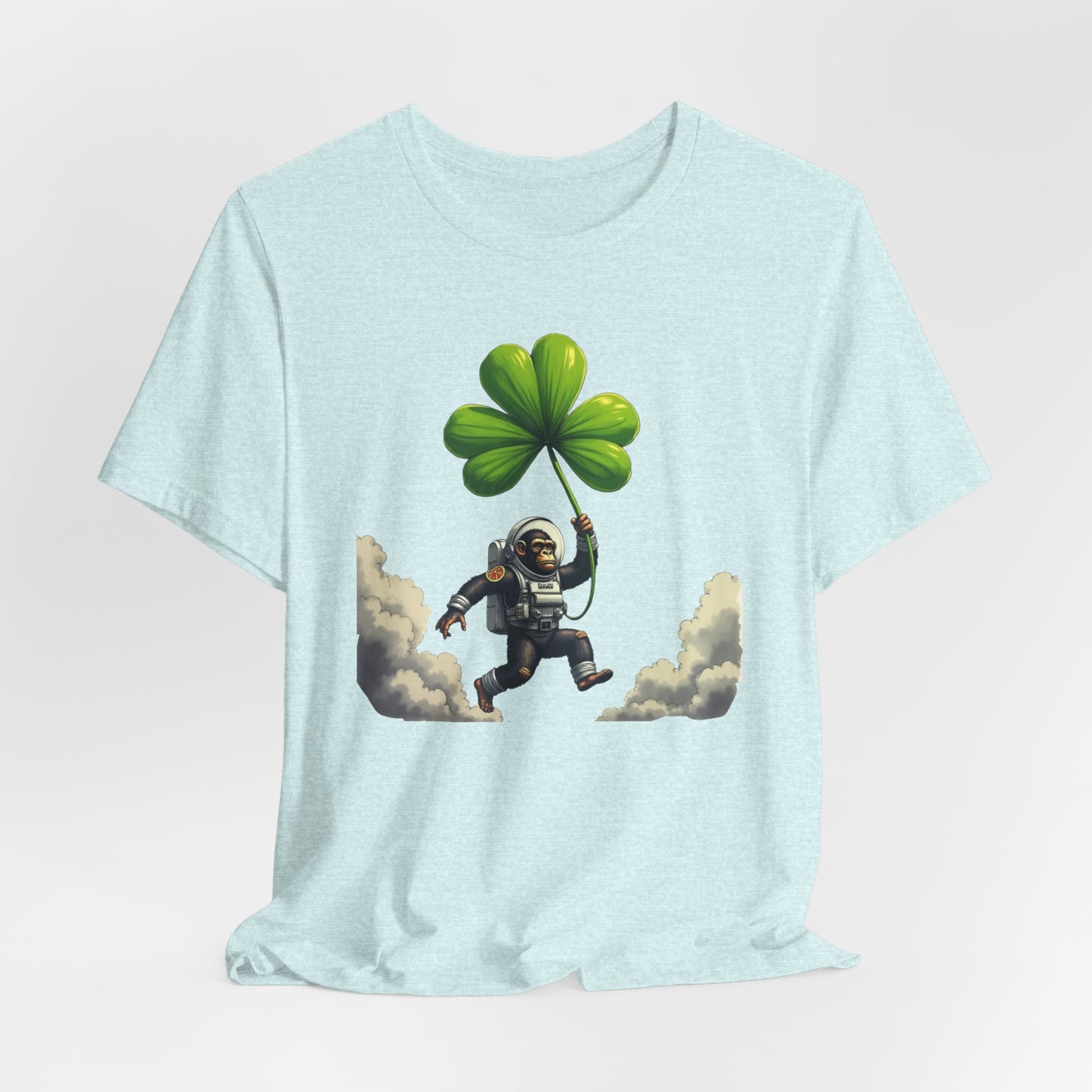 Astronaut Chimp T-Shirt — Floating in Clouds with Shamrock