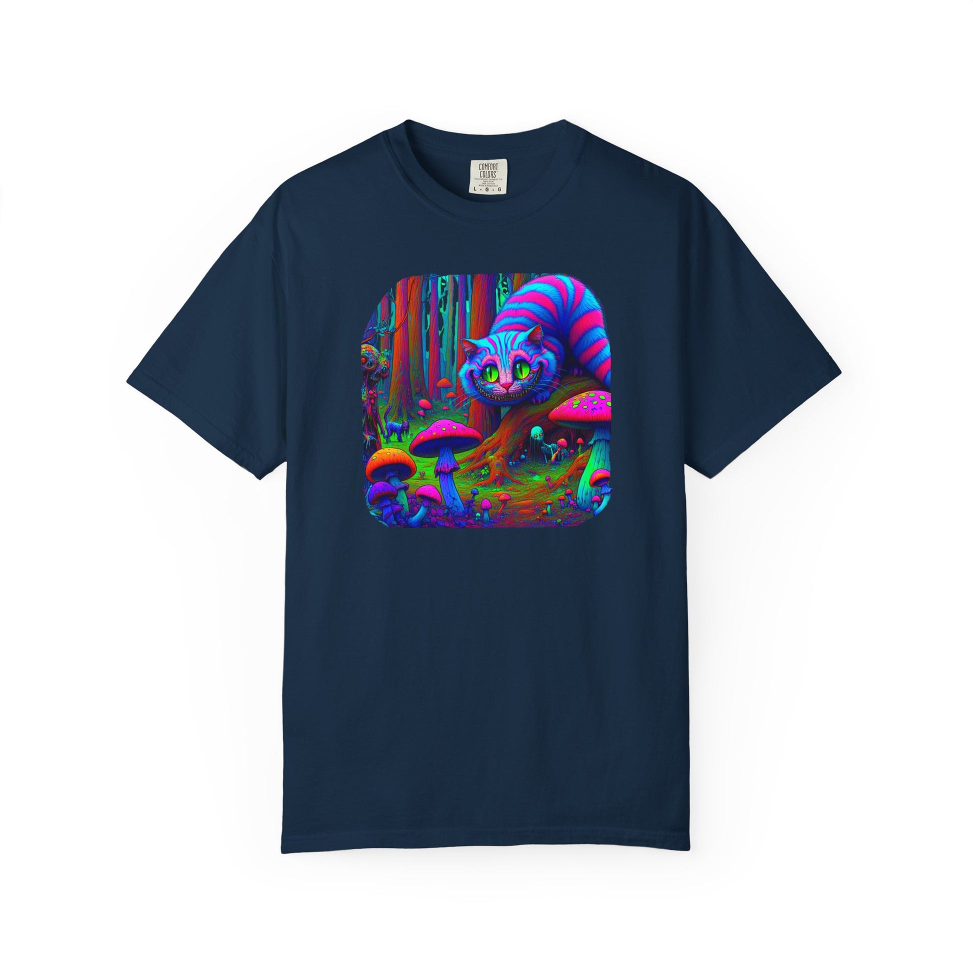 Curious Cat with mushrooms, Unisex Garment-Dyed T-shirt - Psychonaut Swag