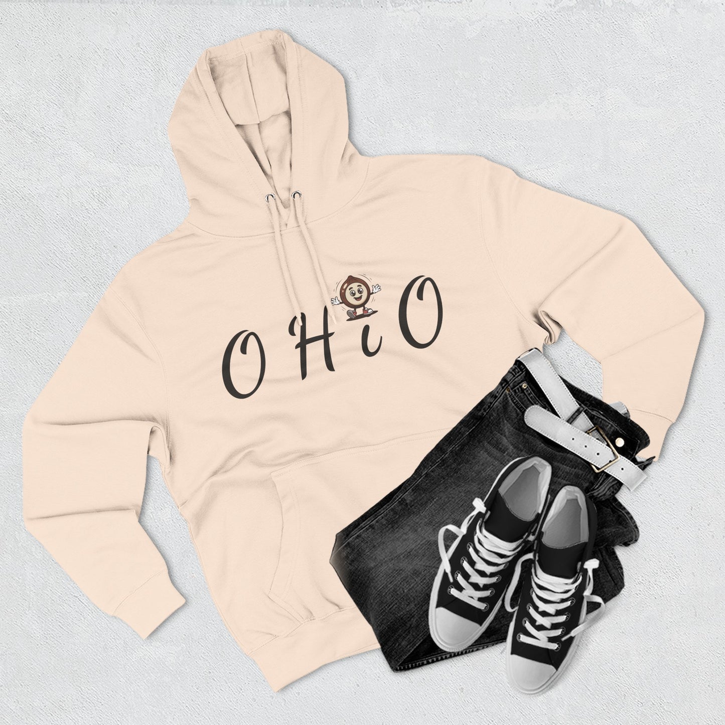 Ohio Script Hoodie with Cute Buckeye Mascot