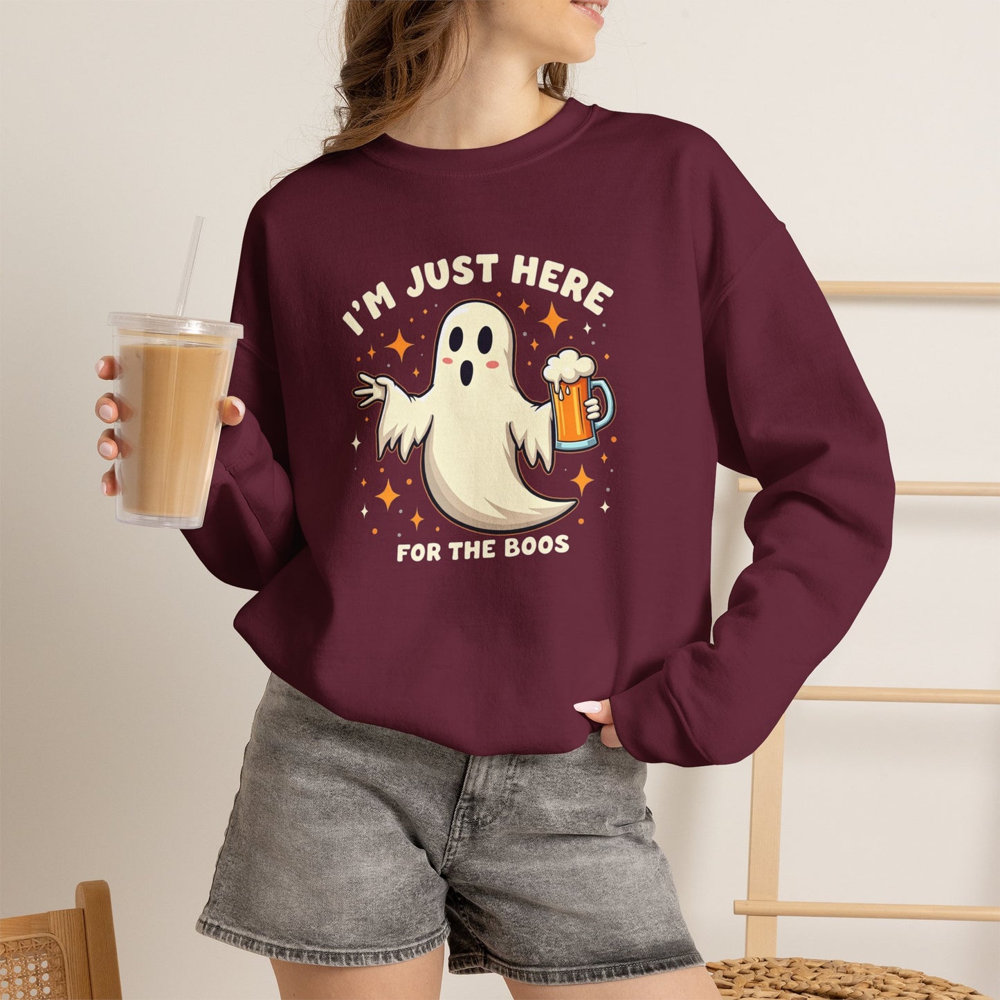 Halloween Ghost Sweatshirt — "I'm Just Here for the Boos" Cozy Crewneck