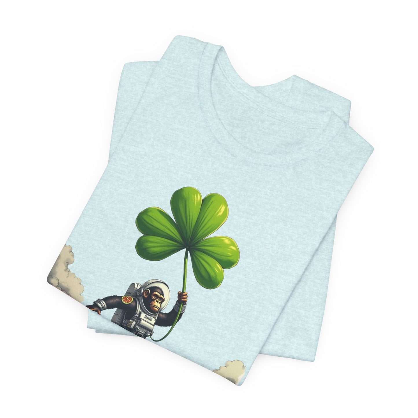 Astronaut Chimp T-Shirt — Floating in Clouds with Shamrock
