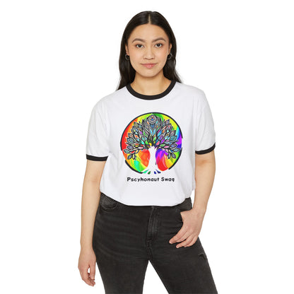 Psychedelic Tree, Unisex Cotton Ringer T-Shirt