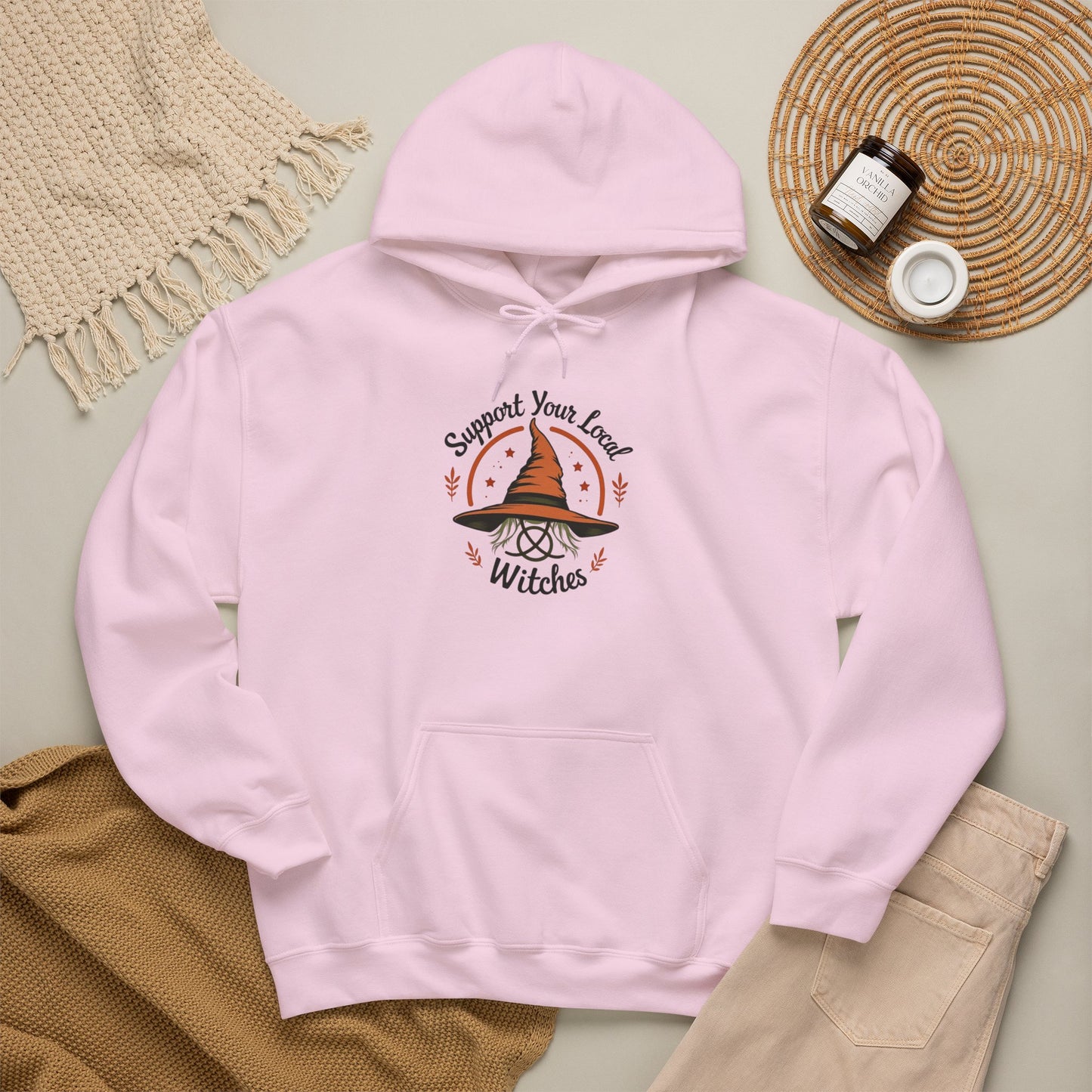 Support Your Local Witches Hoodie — Cute Witch Hat Graphic Pullover for Halloween