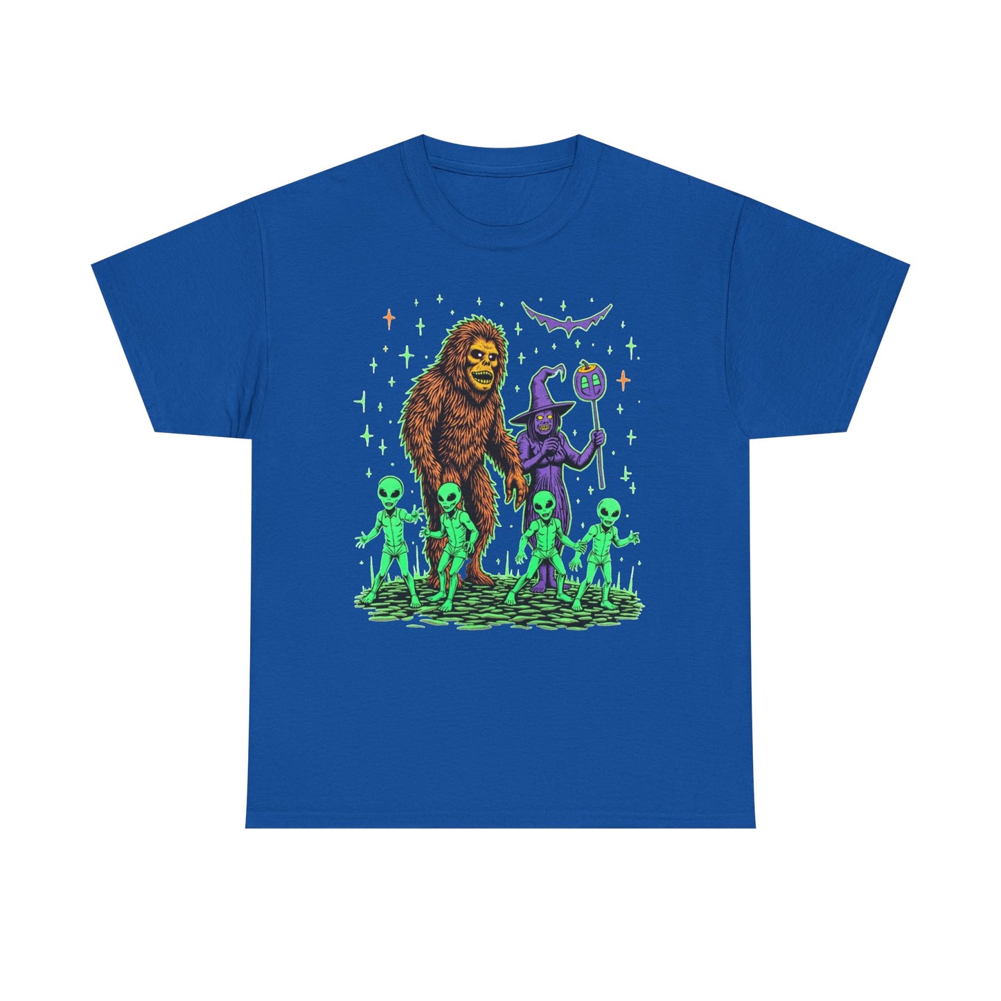 Bigfoot & Aliens Halloween Graphic Tee — Retro Neon Sci‑Fi Cryptid Shirt