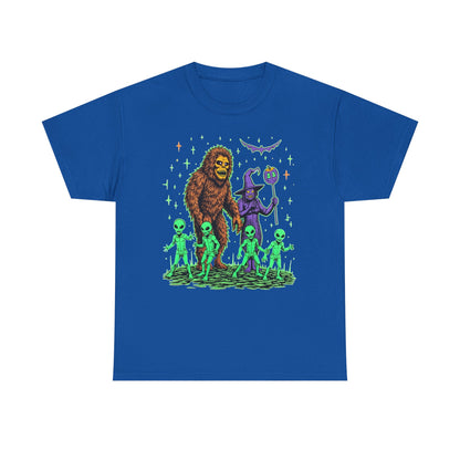 Bigfoot & Aliens Halloween Graphic Tee — Retro Neon Sci‑Fi Cryptid Shirt