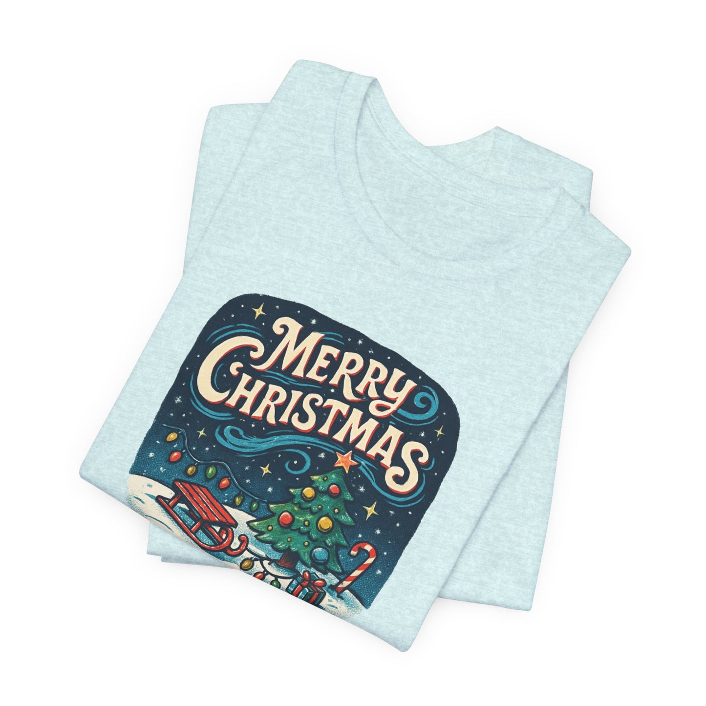 Merry Christmas Tee — Vintage Holiday Tree & Sled Graphic T-Shirt