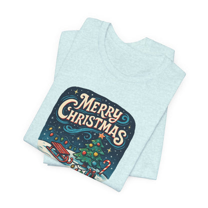 Merry Christmas Tee — Vintage Holiday Tree & Sled Graphic T-Shirt
