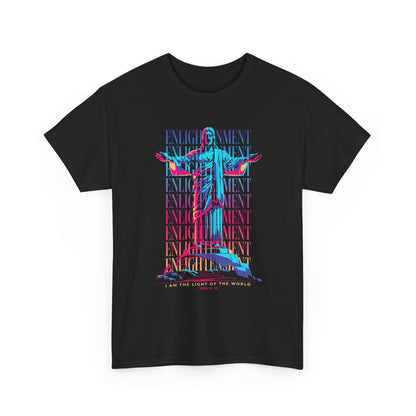 Enlightenment Tee — Neon Statue Graphic T-Shirt ("Entertainment" Text Design)