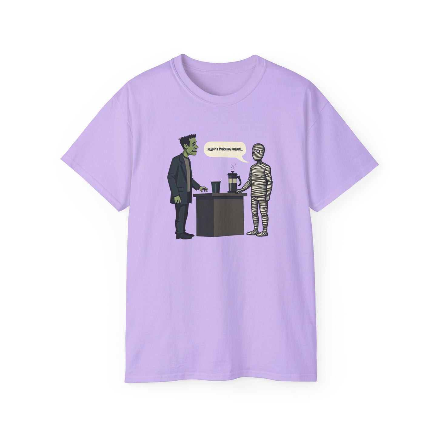 Funny Halloween Tee — Frankenstein & Mummy Coffee Joke Shirt