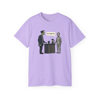 Funny Halloween Tee — Frankenstein & Mummy Coffee Joke Shirt