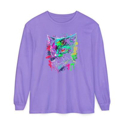 Psychedelic Cat, Unisex Garment-dyed Long Sleeve T-Shirt