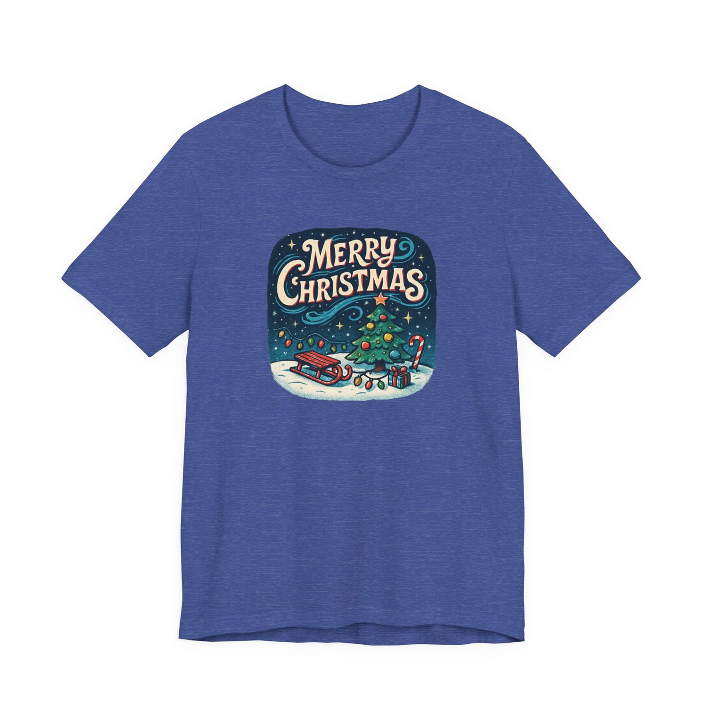 Merry Christmas Tee — Vintage Holiday Tree & Sled Graphic T-Shirt