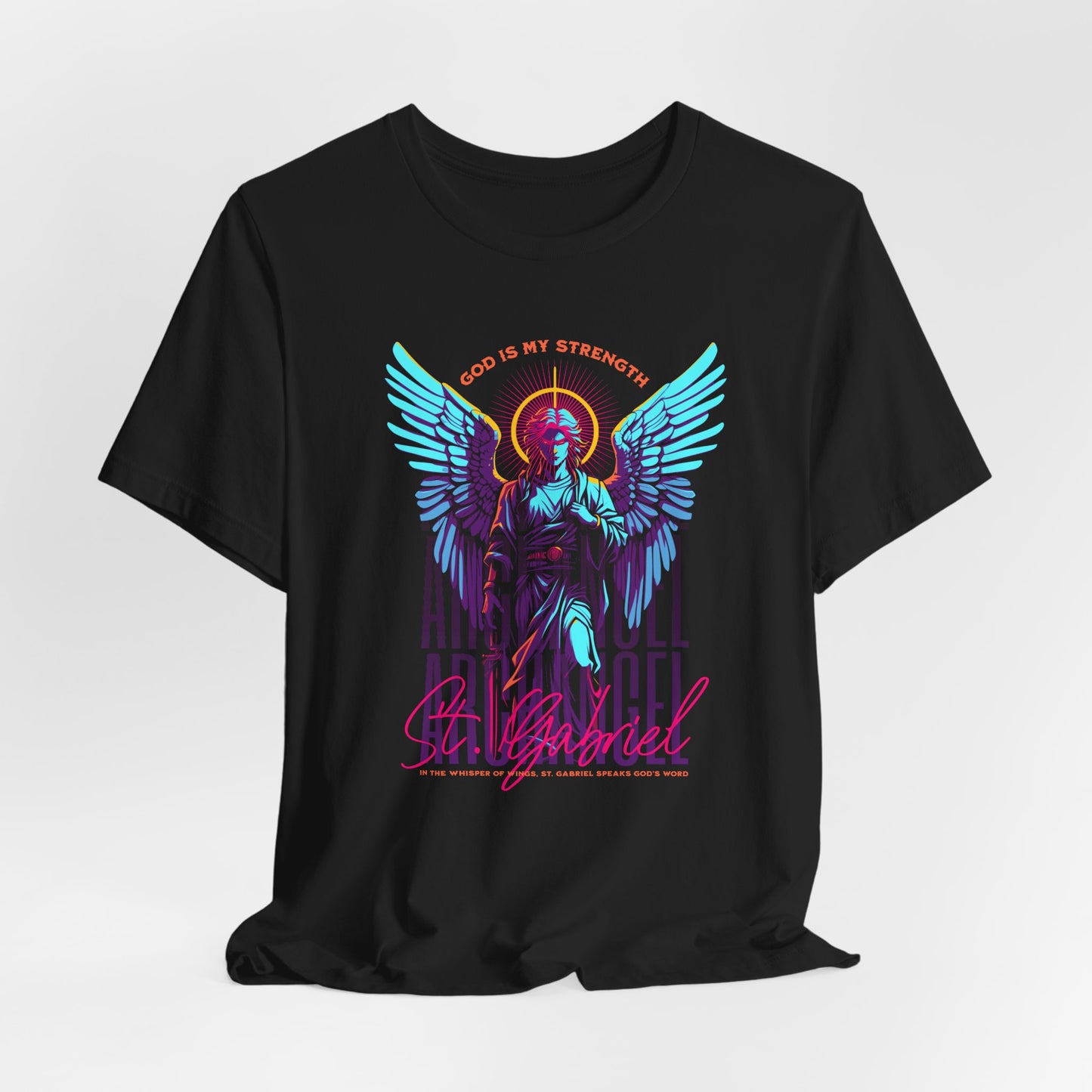 St. Gabriel Angel Tee — "God Is My Strength" Neon Graphic T-Shirt