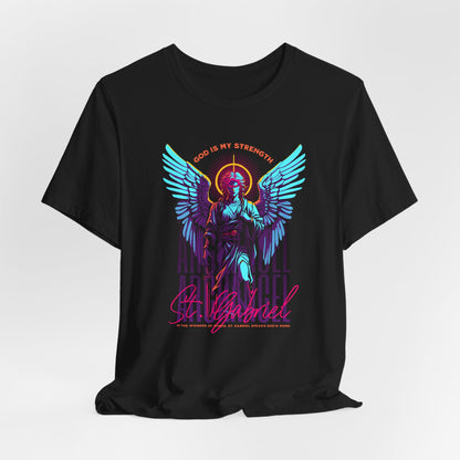 St. Gabriel Angel Tee — "God Is My Strength" Neon Graphic T-Shirt