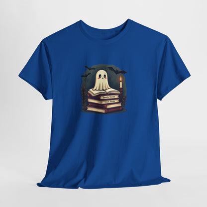 Ghost Reader T-Shirt — Cute Ghost on Stacked Books Halloween Tee