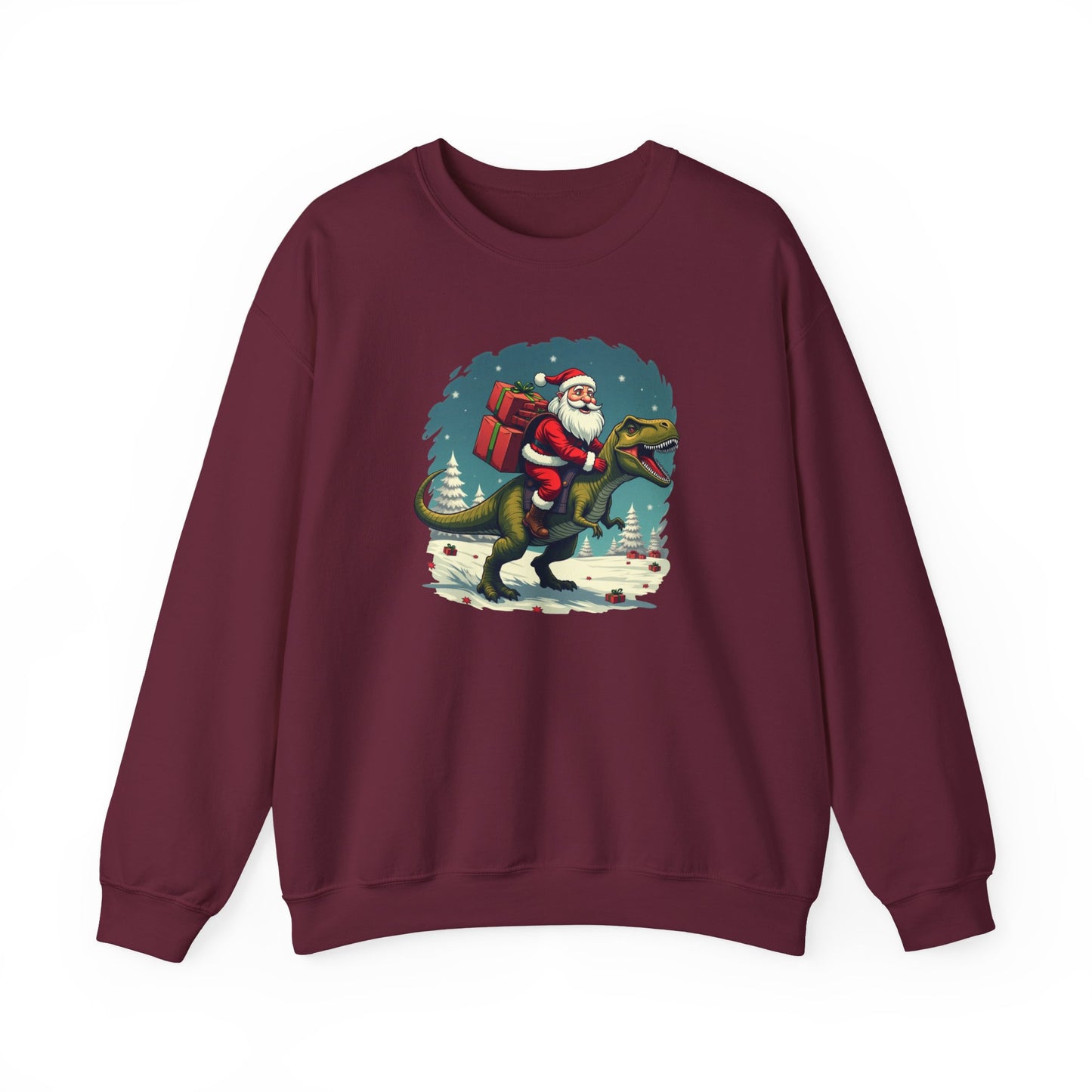 Santa Dashing through on a Dinosaur Sweatshirt — Santa Riding T-Rex Holiday Crewneck