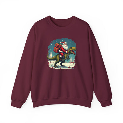 Santa Dashing through on a Dinosaur Sweatshirt — Santa Riding T-Rex Holiday Crewneck