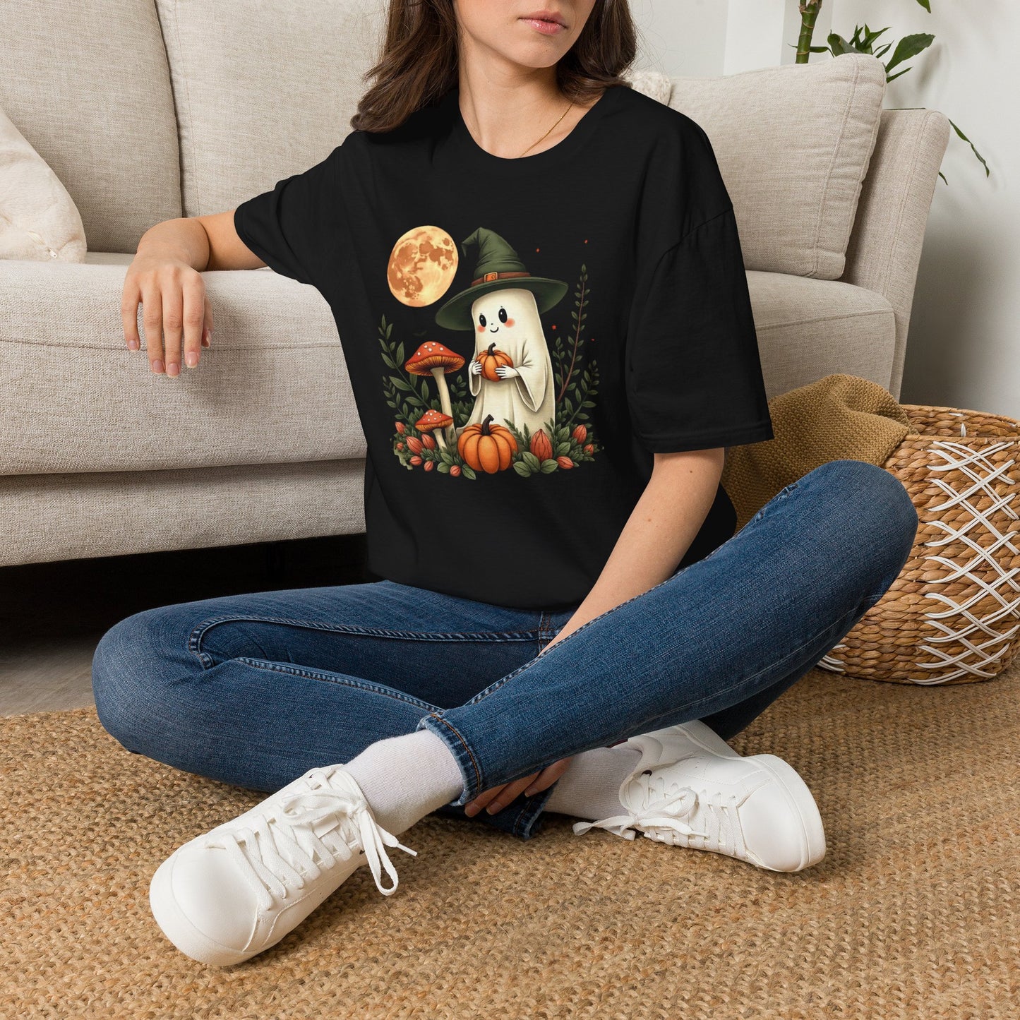 Ghost Witch T‑Shirt — Cute Halloween Moon, Pumpkin & Mushroom Design