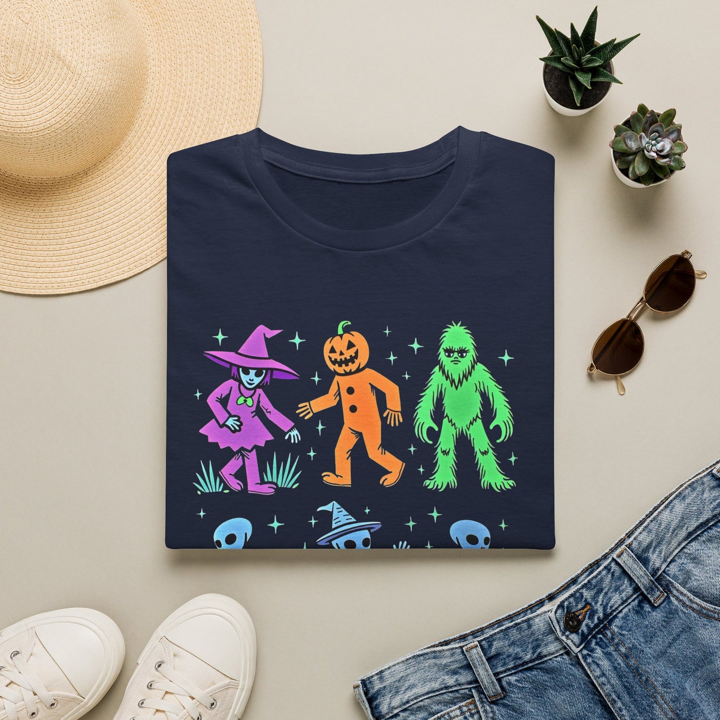 Halloween Monster Dance T-Shirt — Neon Witch, Pumpkin & Yeti Graphic Tee