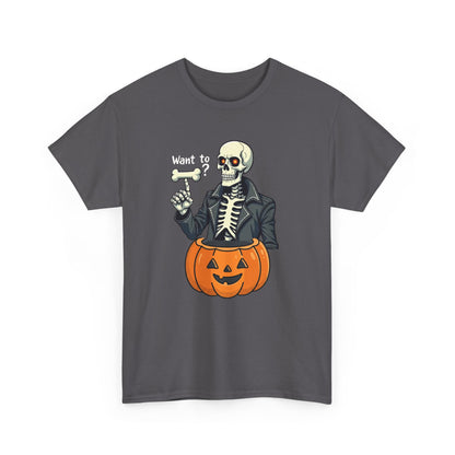 Halloween Skeleton Tee — 'Want to?' Pumpkin Jack-O'-Lantern Graphic Shirt