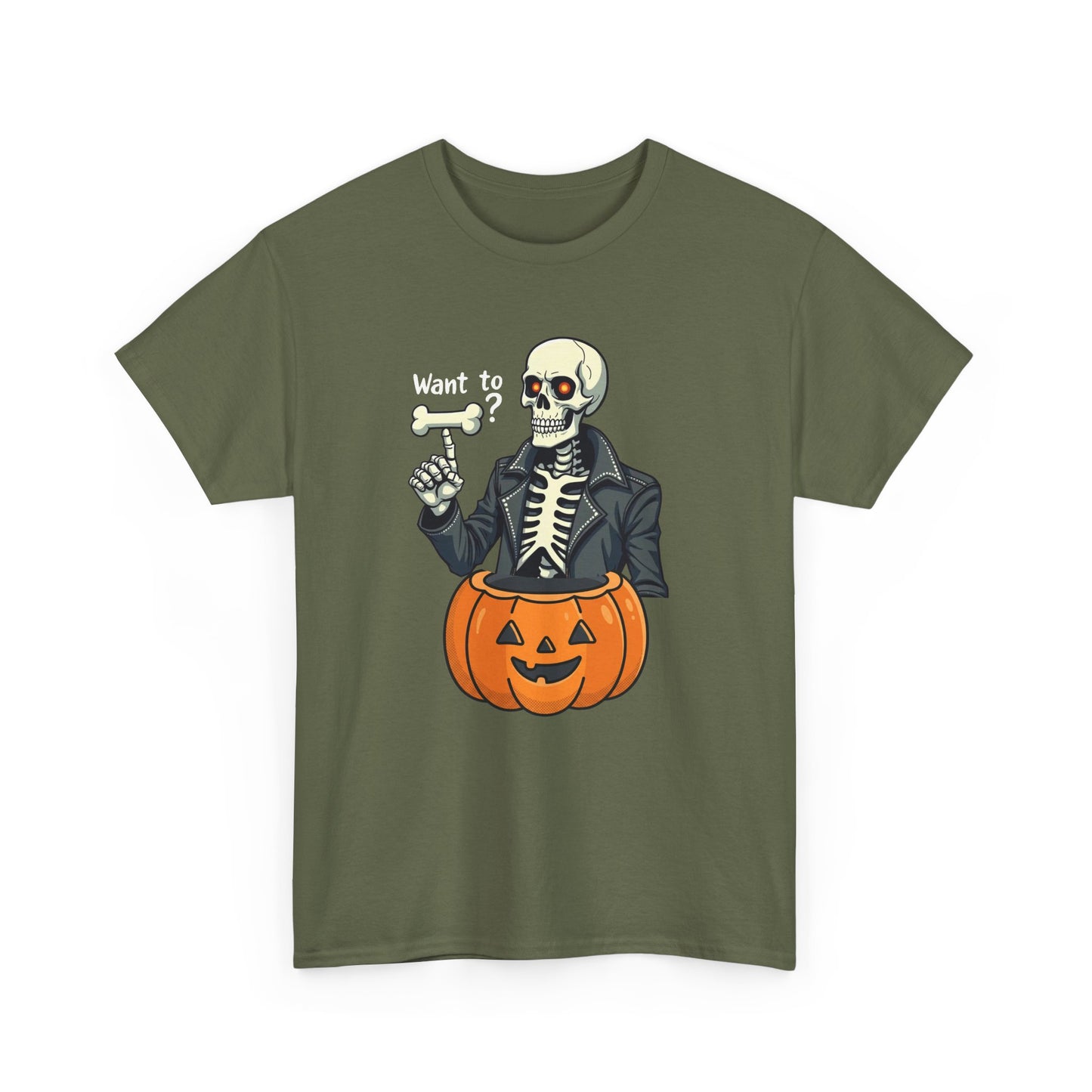 Halloween Skeleton Tee — 'Want to?' Pumpkin Jack-O'-Lantern Graphic Shirt