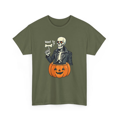 Halloween Skeleton Tee — 'Want to?' Pumpkin Jack-O'-Lantern Graphic Shirt