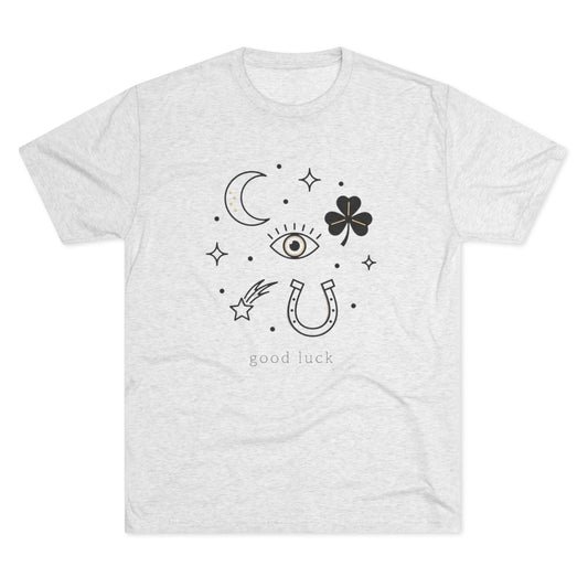 Good Luck Symbols Tee — Minimal Mystic Crescent, Eye, Horseshoe & Clover Graphic Shirt